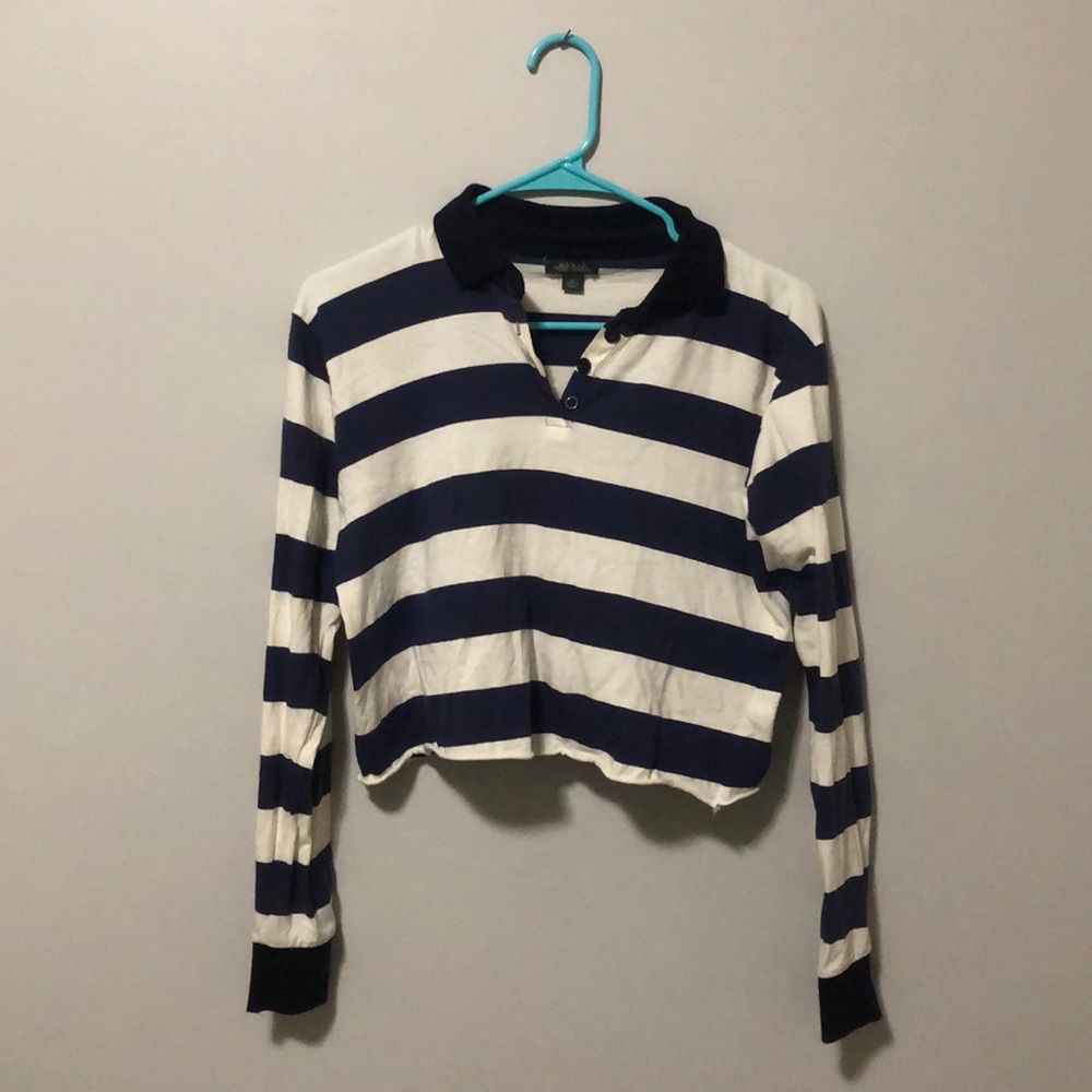 Blue and White Collared Cropped Long Sleeve